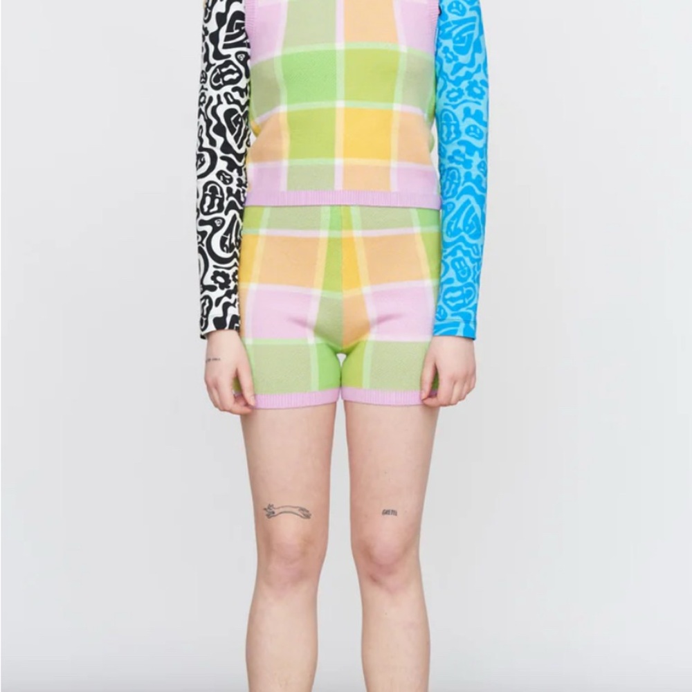 Colorful Plaid Knit Set with Patterned Sleeves